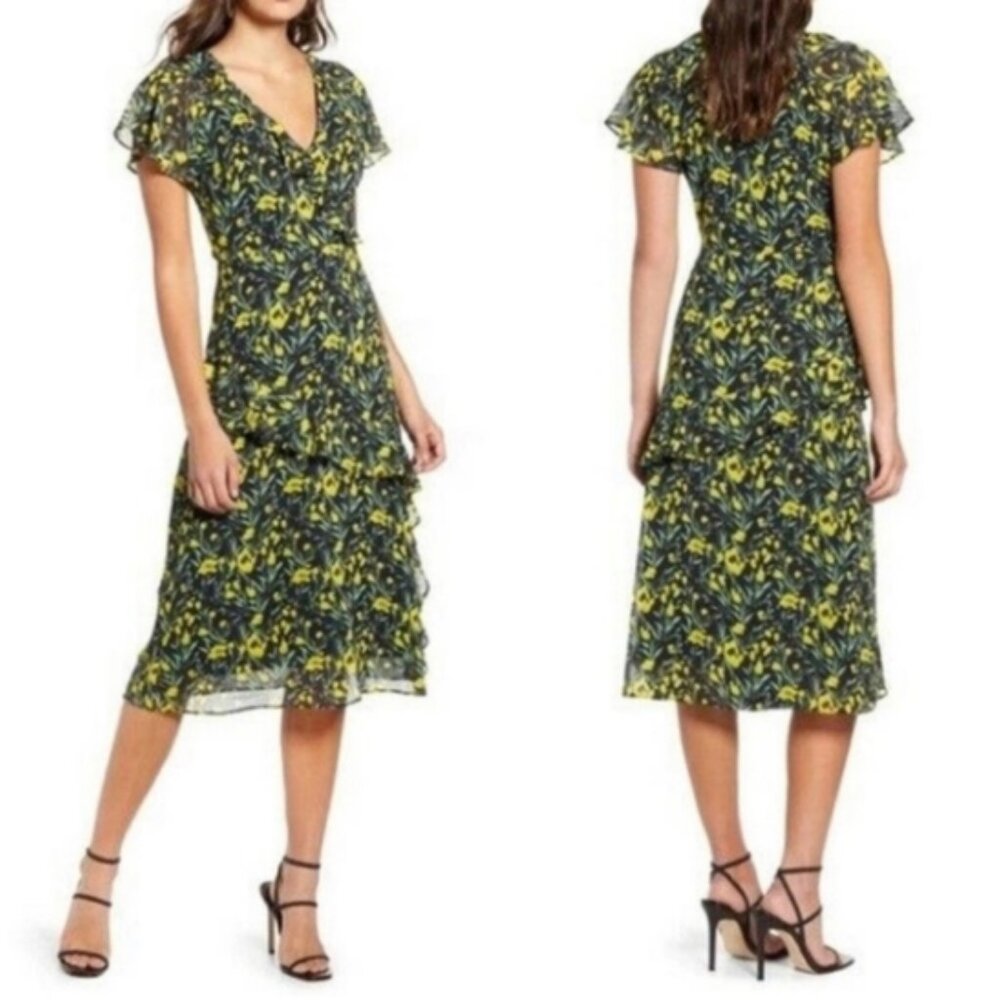 All In Favor Yellow Floral Midi Dress Ruffle Sleeve Black Floral NWT Medium